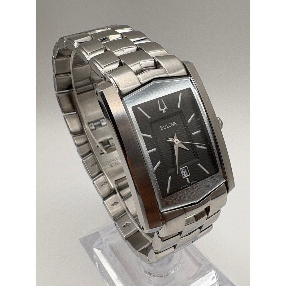 Bulova Tonneau Black Dial Stainless Steel Quartz Watch 96G10